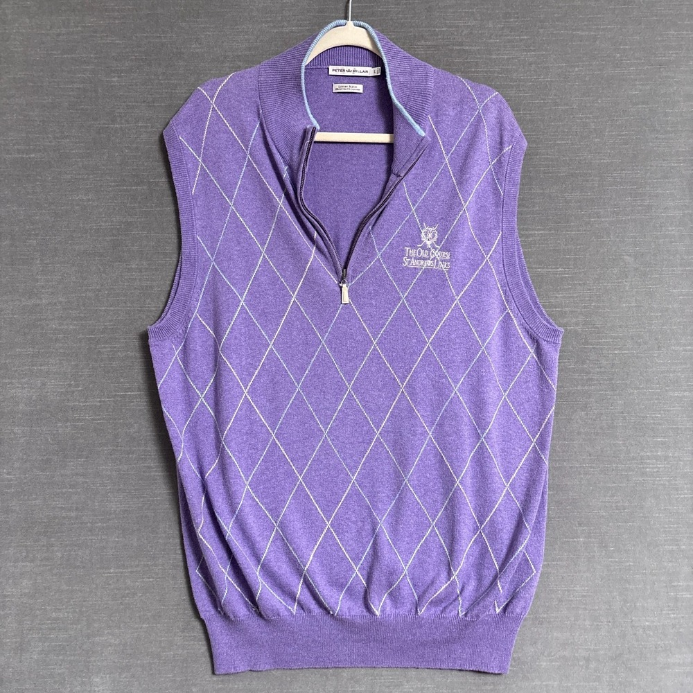 Peter Millar Sweater Vest L Purple Argyle Cashmere 1/4 Zip Old Course St Andrews